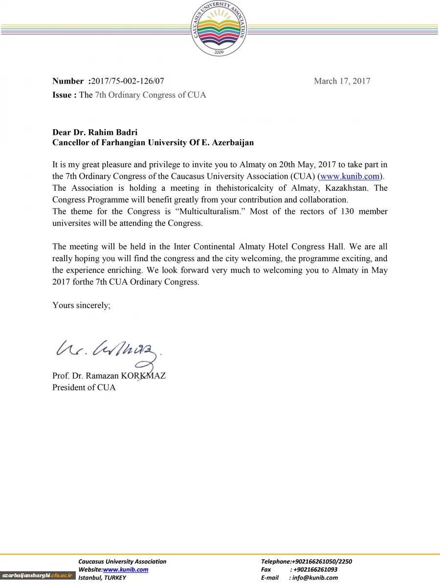 دعوت از دکتر بدری برای شرکت در اجلاس CUA