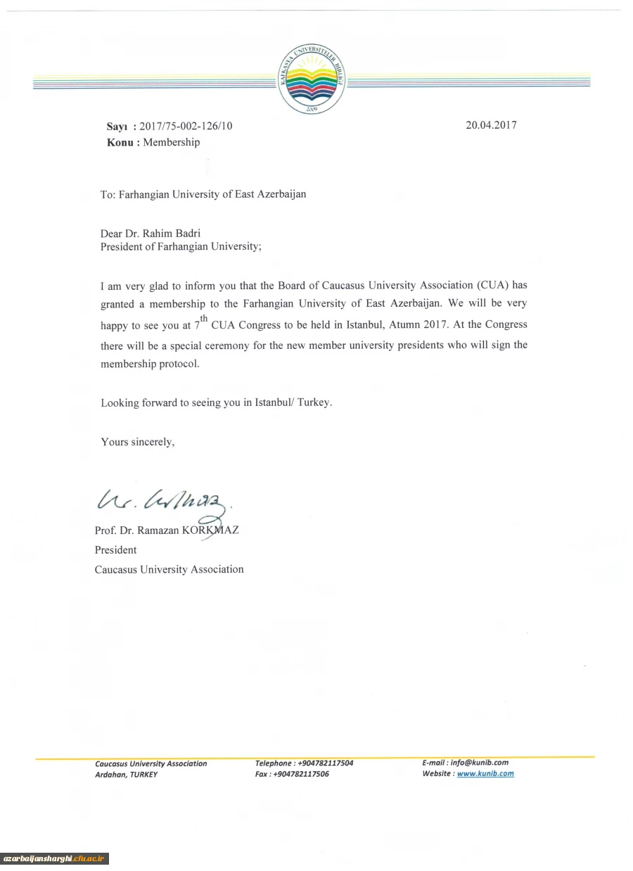 عضویت دانشگاه فرهنگیان آذربایجان شرقی در اتحادیه دانشگاههای منطقه قفقاز(CUA)